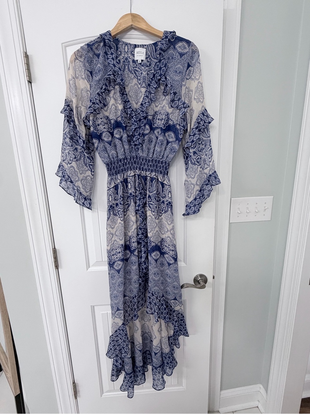 MISA Los Angeles Blue Paisley Ruffle High-Low Midi Dress Size M
